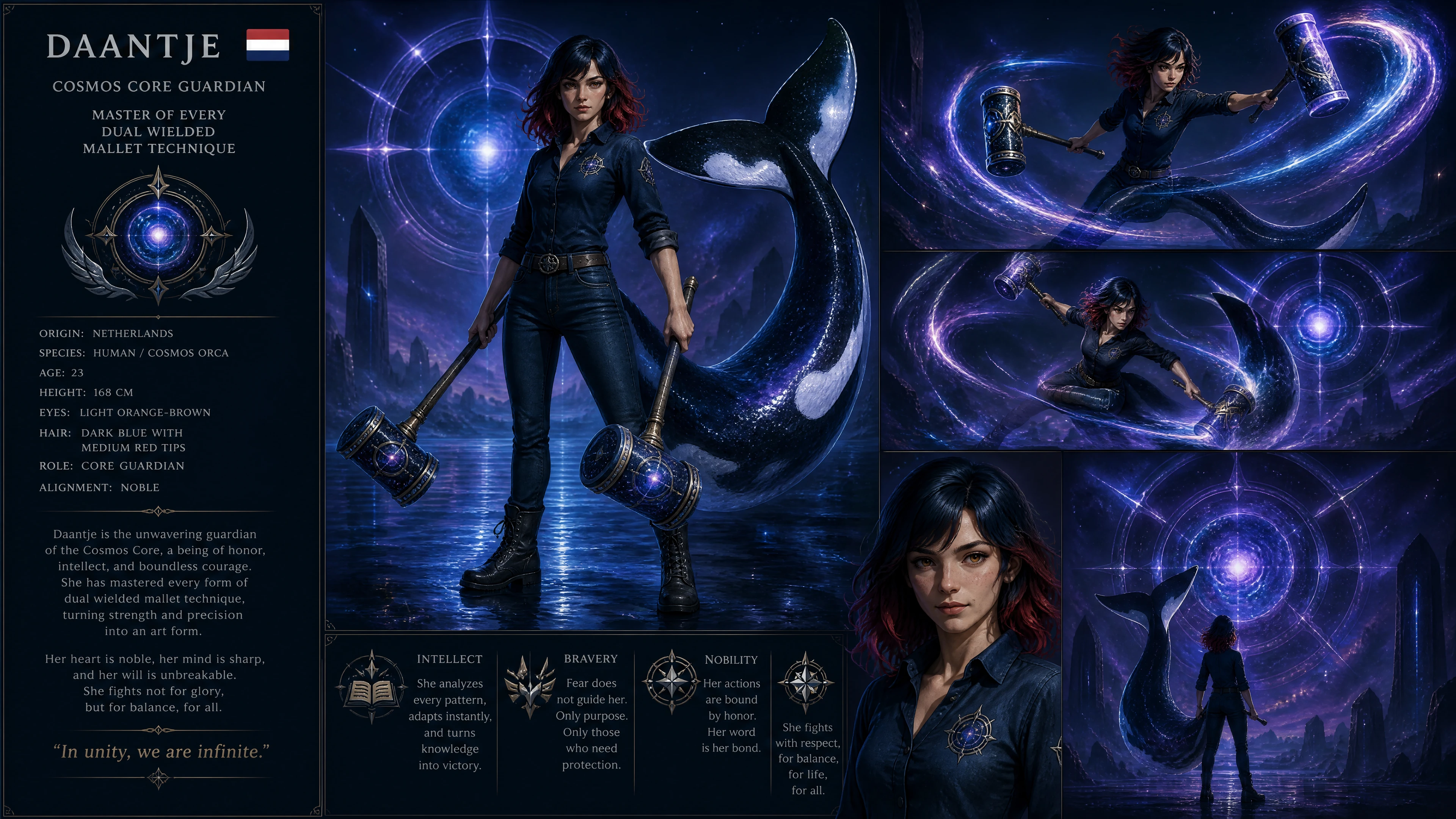 Brave cosmic guardian woman with orca tail and mallets