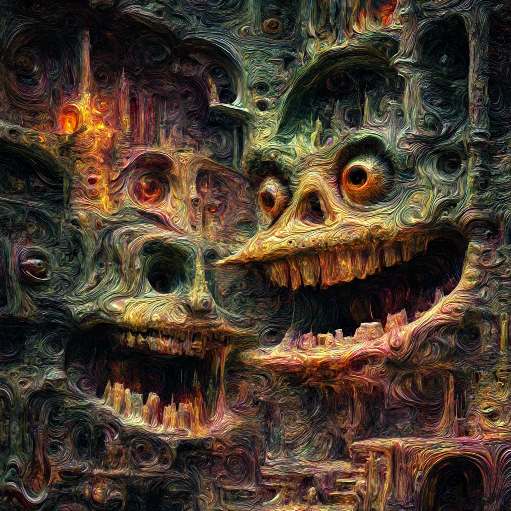 Surreale humanoide Figuren in einer verdrehten traumhaften Landschaft