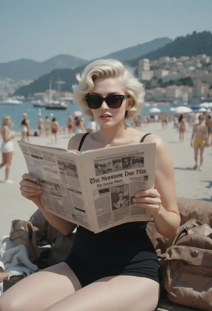 Mulher de maiô lendo jornal na praia de Nice