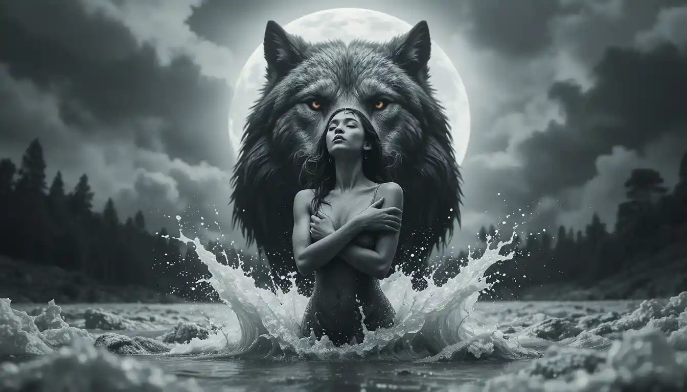 Mulher surreal em águas turbulentas sob um lobo ameaçador