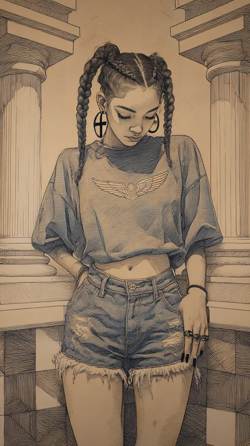 Confident braided girl in ink drawing with low angle view