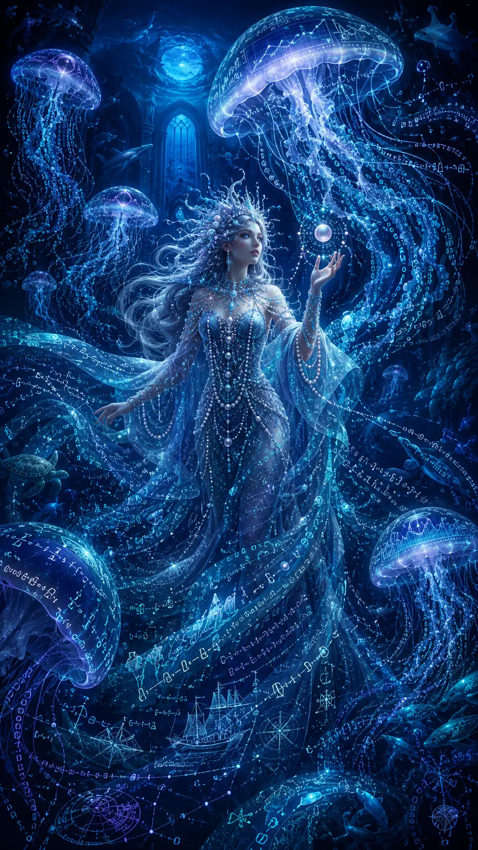 Strega delle perle con meduse di dati in un oceano al chiaro di luna
