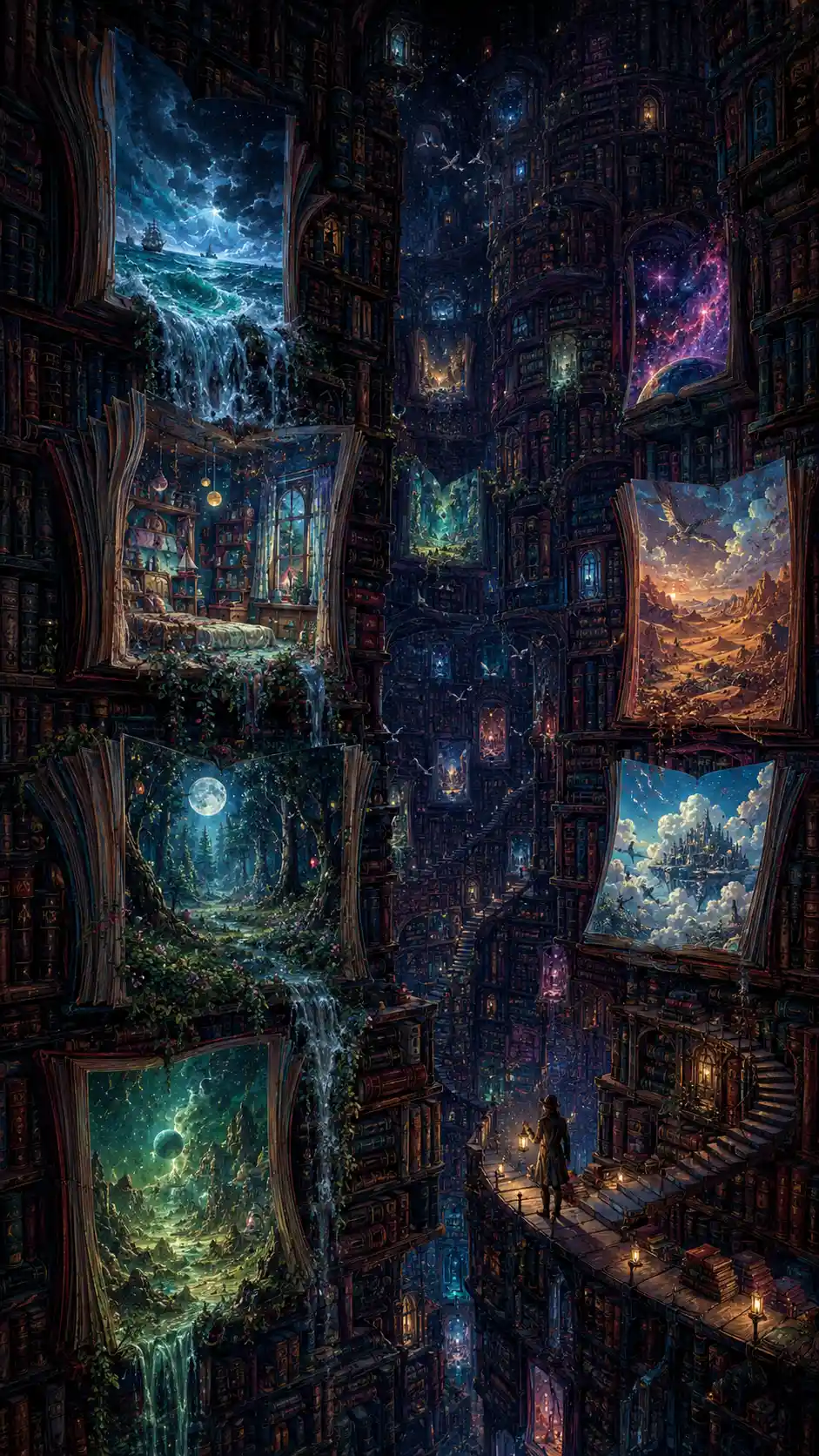 Biblioteca de fantasia infinita com mundos e livros luminosos
