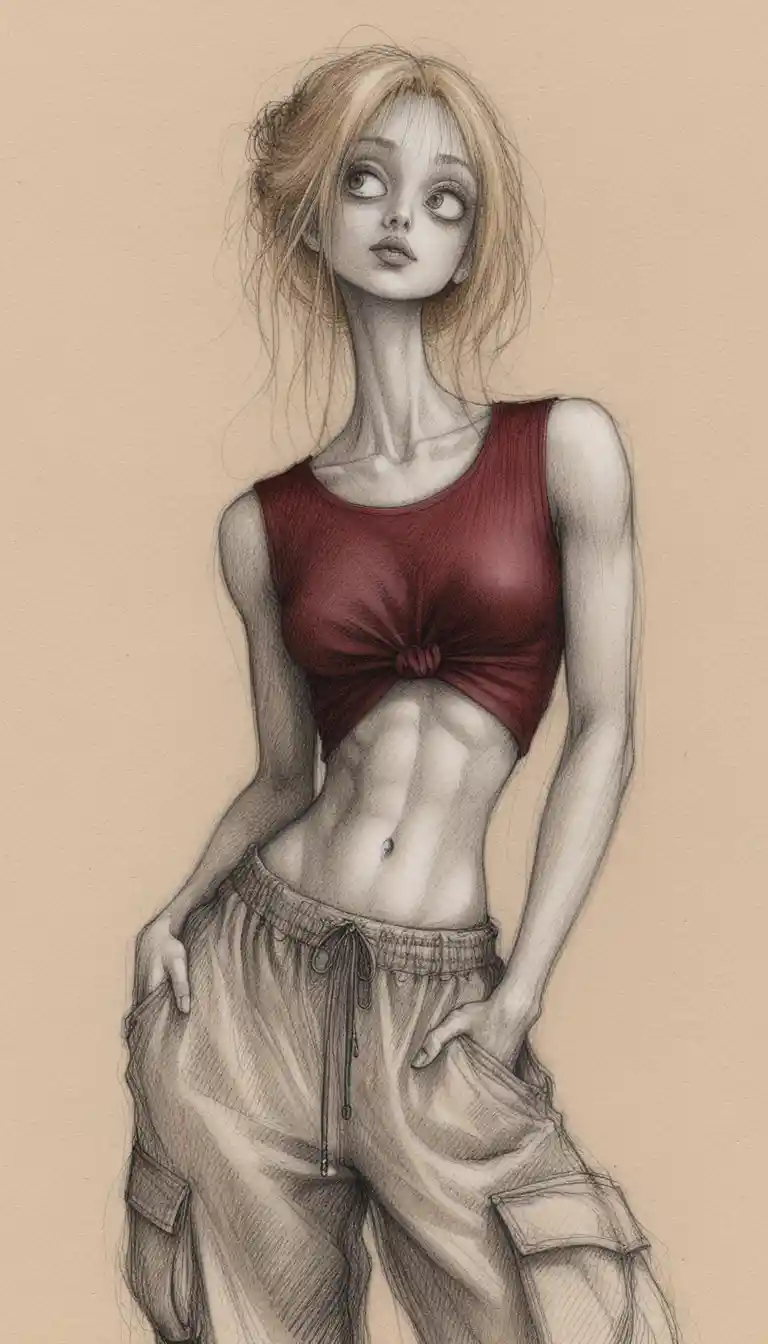 Mulher gótica olhando para cima em ilustração mista texturizada