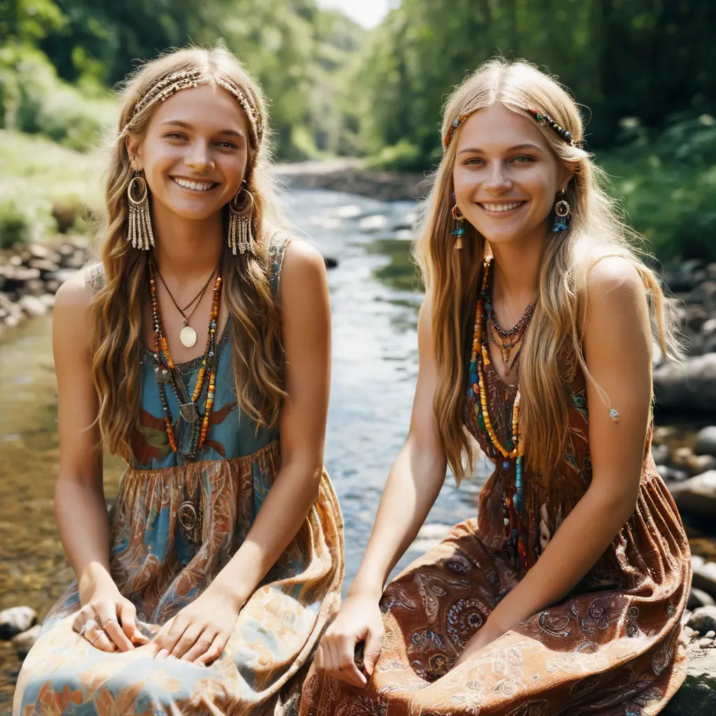 Zwei Hippie-Mädchen in Maxikleidern an einem Bach
