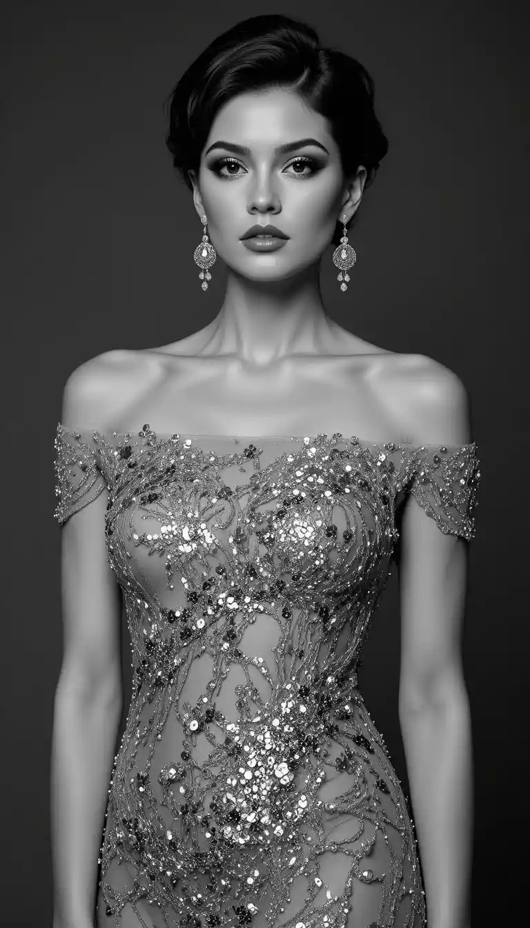 Retrato em preto e branco de uma mulher glamourosa e confiante