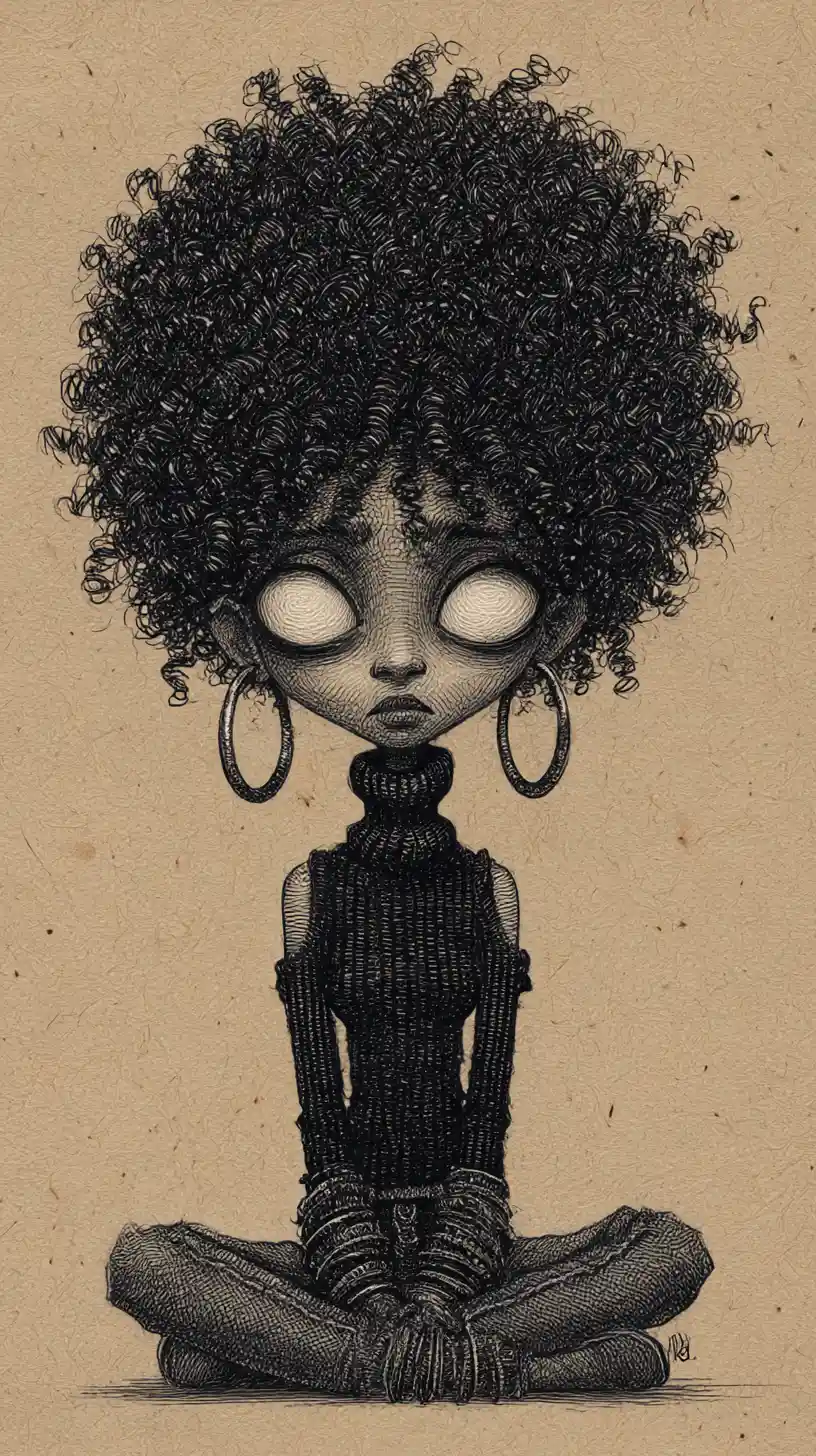 Gothic graphite portrait of a solemn girl with wide white eyes