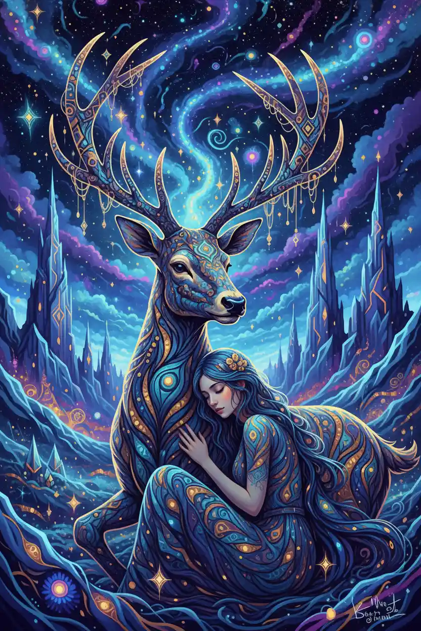 Fille se reposant avec un cerf majestueux sous un ciel étoilé
