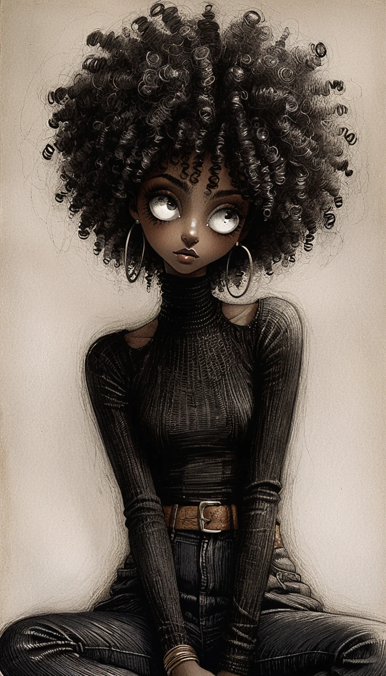 Dessin gothique d’une femme solennelle aux grands yeux blancs