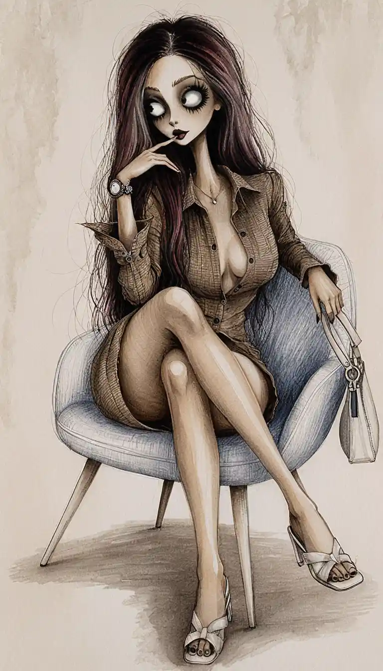Stimmungsvolle Tintenillustration einer Frau in einem modernen Sessel