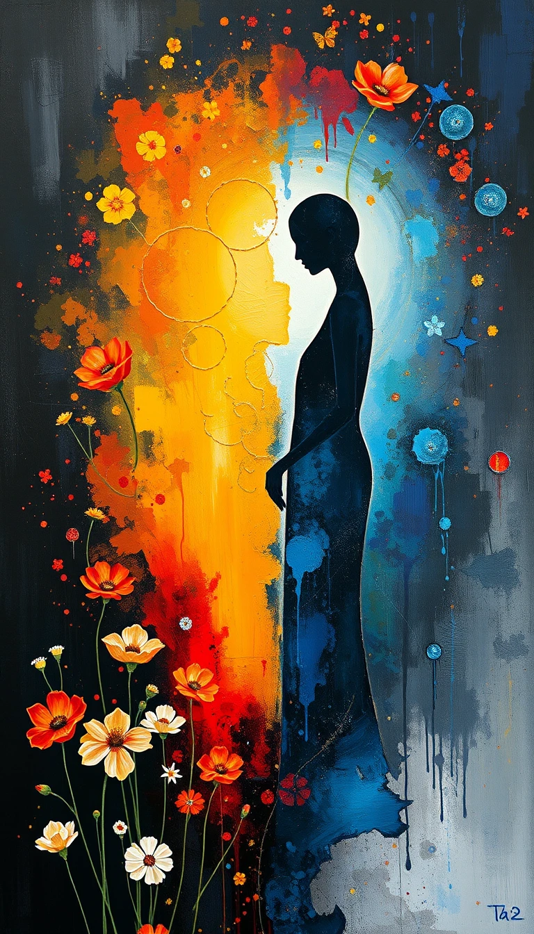 Peinture abstraite contemplative avec fond floral et silhouettes