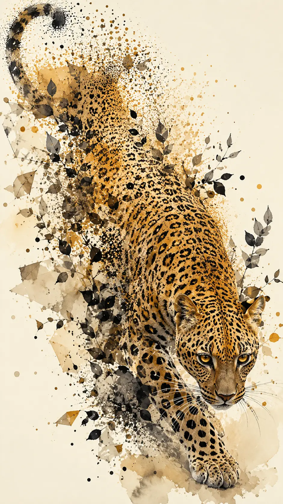 Leopardo che attraversa un campo avorio minimale con mimetismo astratto