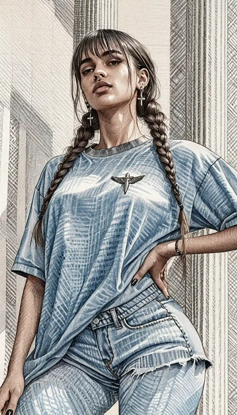 Garota confiante em desenho a tinta com olhar em baixo ângulo