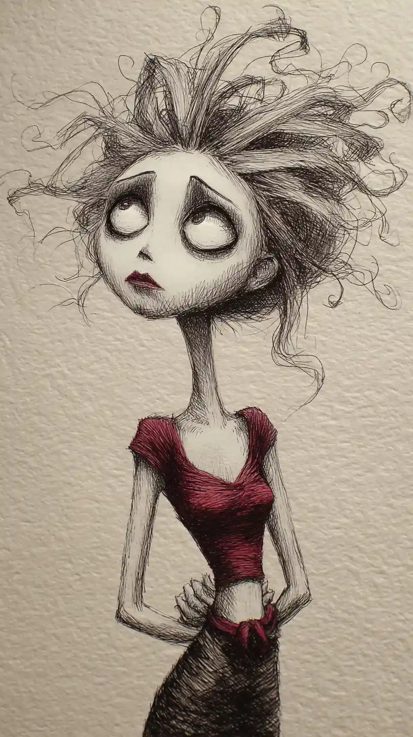 Mulher gótica olhando para cima em ilustração mista com textura