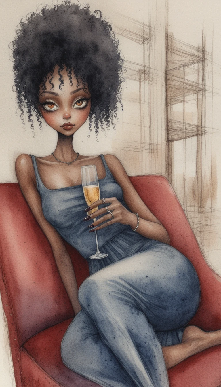 Mulher negra relaxada no sofá em desenho a tinta atmosférico