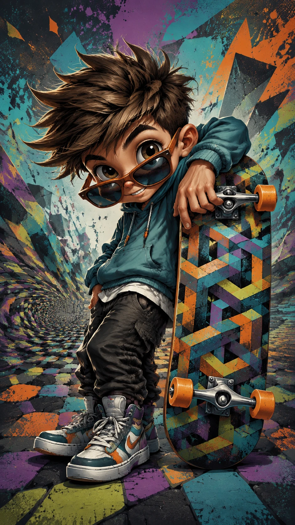 Playful cartoon boy with giant skateboard and bold colors