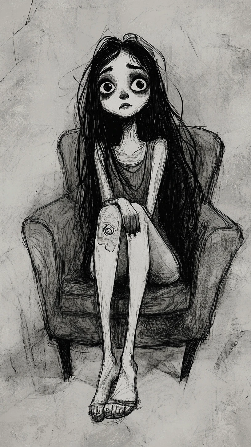 Ilustração em tinta atmosférica de uma jovem em uma cadeira moderna