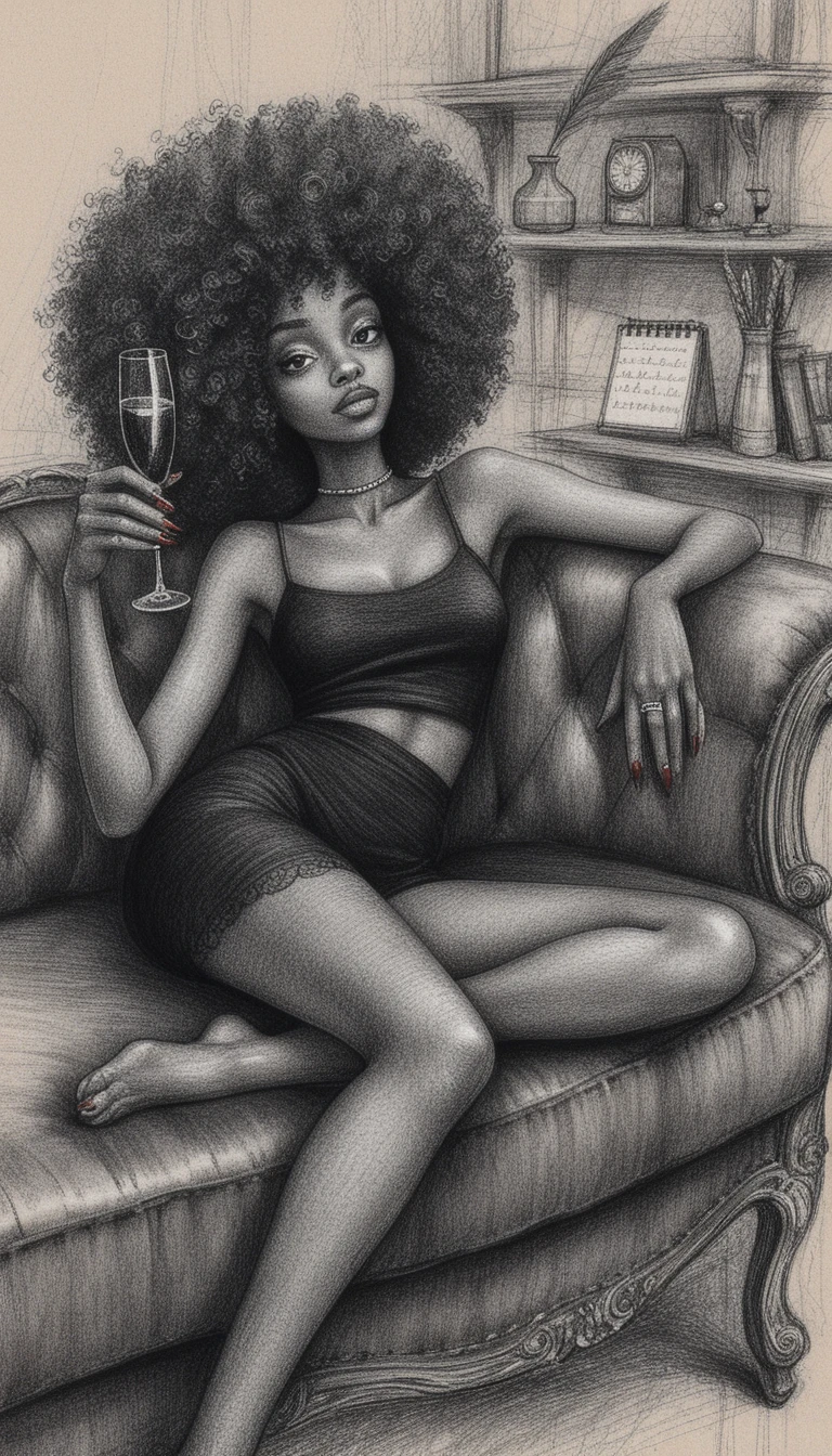 Mulher negra relaxada em sofá escuro – ilustração em tinta