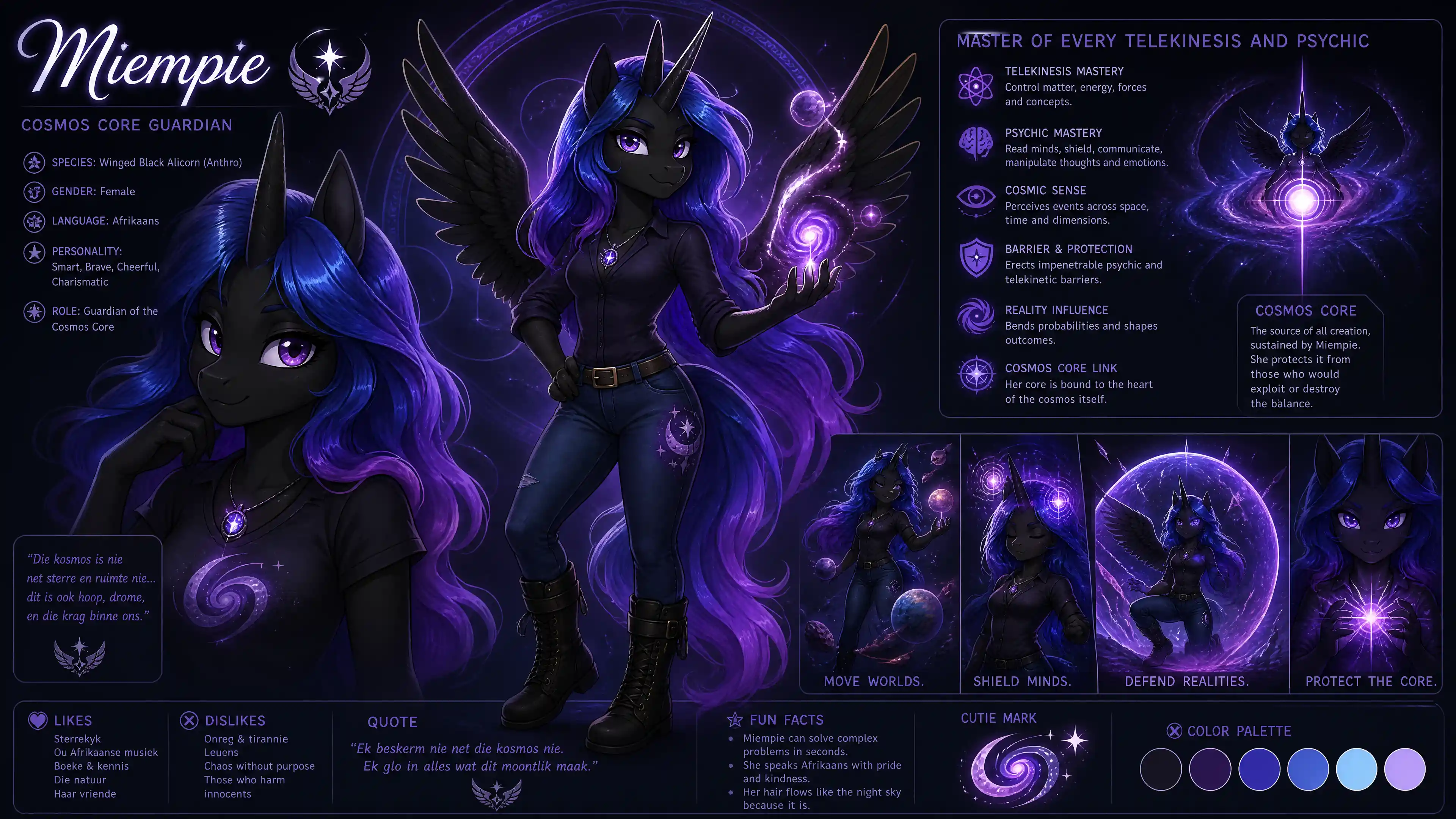 Geflügelte schwarze Alicorn-Frau mit kosmischer Aura und Jeans-Outfit