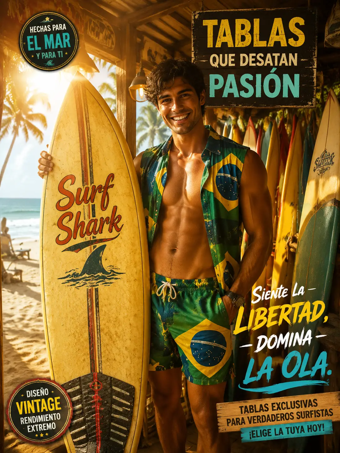 Brazilian surfboard seller posing in a sunny beach stall