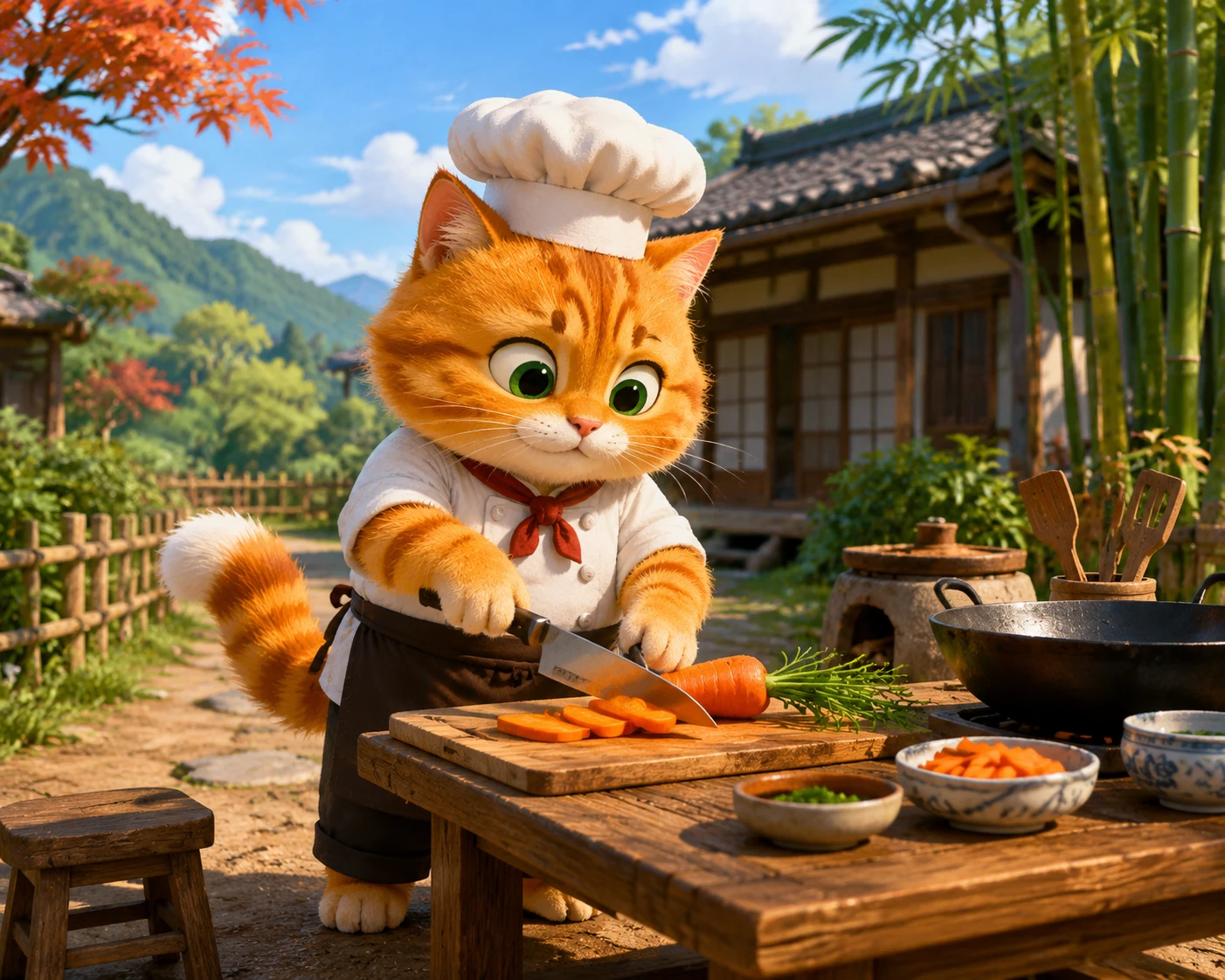 Gato laranja chef fatiando cenoura em um aconchegante quintal japonês