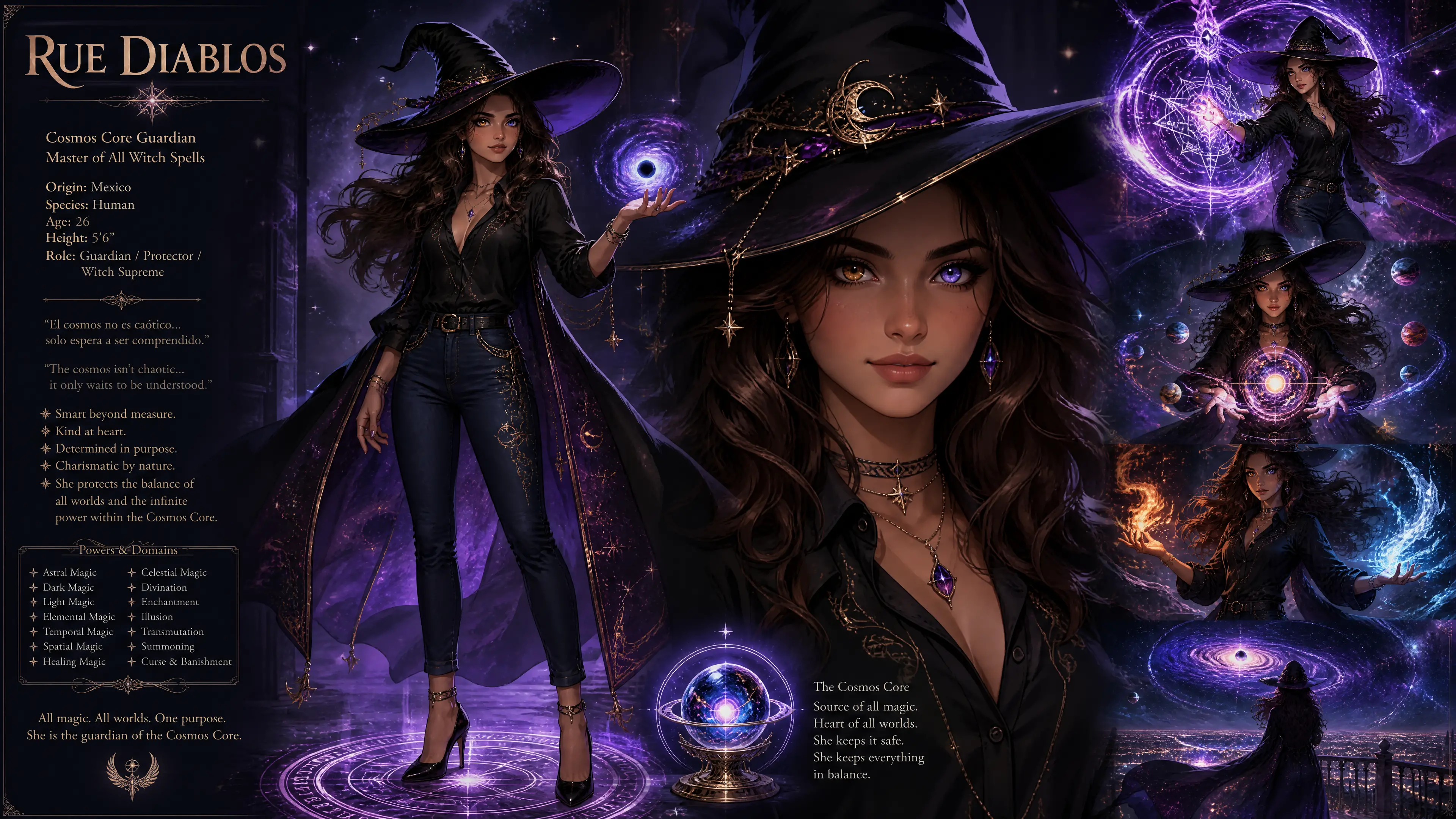 Mexican witch woman with cosmic multicolored eyes and hat