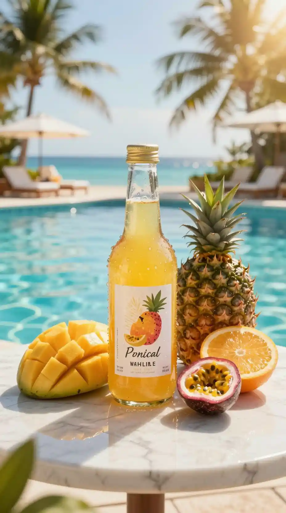 Garrafa de bebida tropical de luxo à beira de uma piscina ensolarada