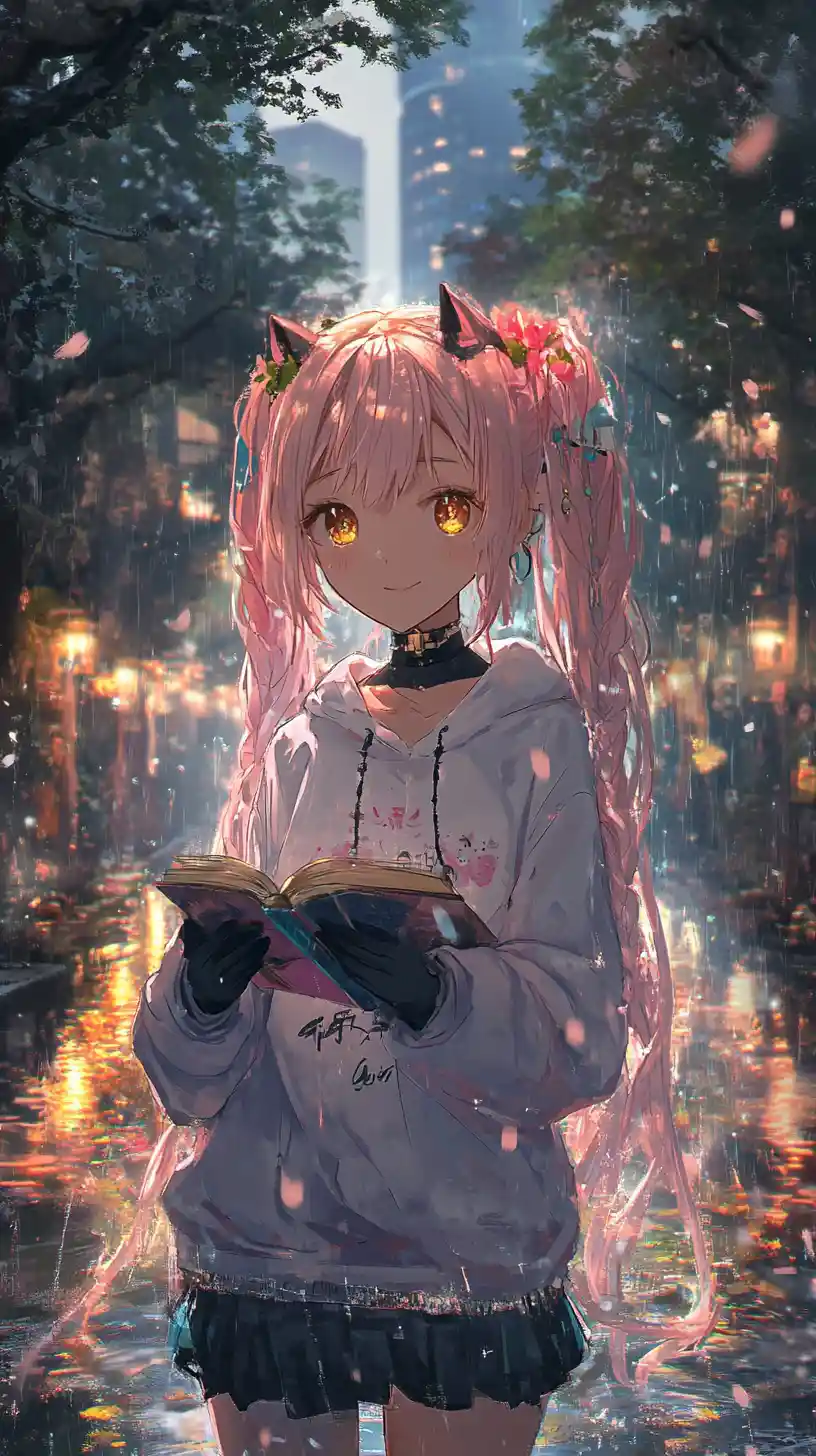 Anime-Mädchen liest zwischen Welten von Leben und Verfall