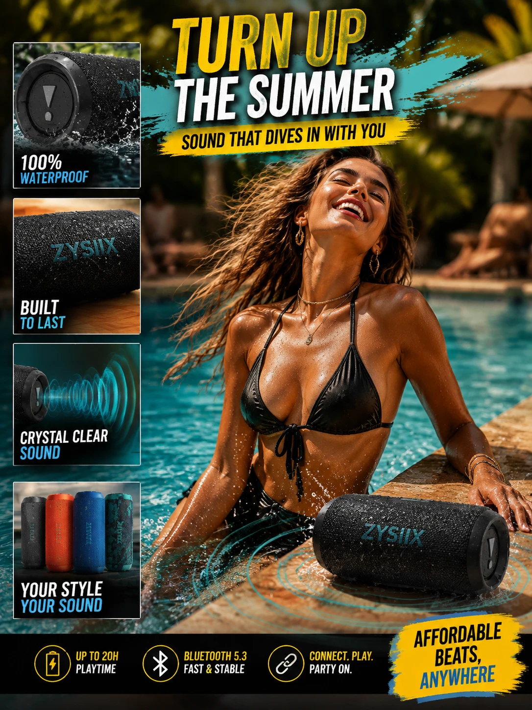 Joyful woman relaxing by a sunny pool with speaker