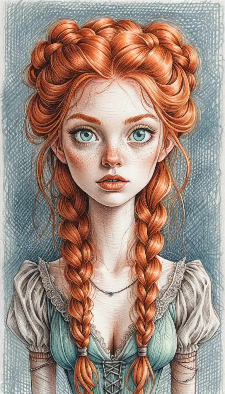 Ritratto di ragazza dai capelli rossi in un disegno dettagliato a matite colorate