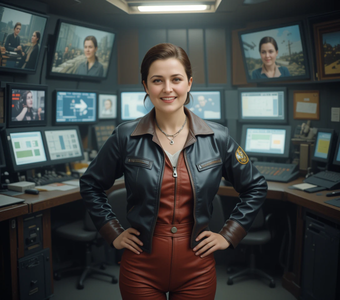 Fashion model posing in a radar control room with operators