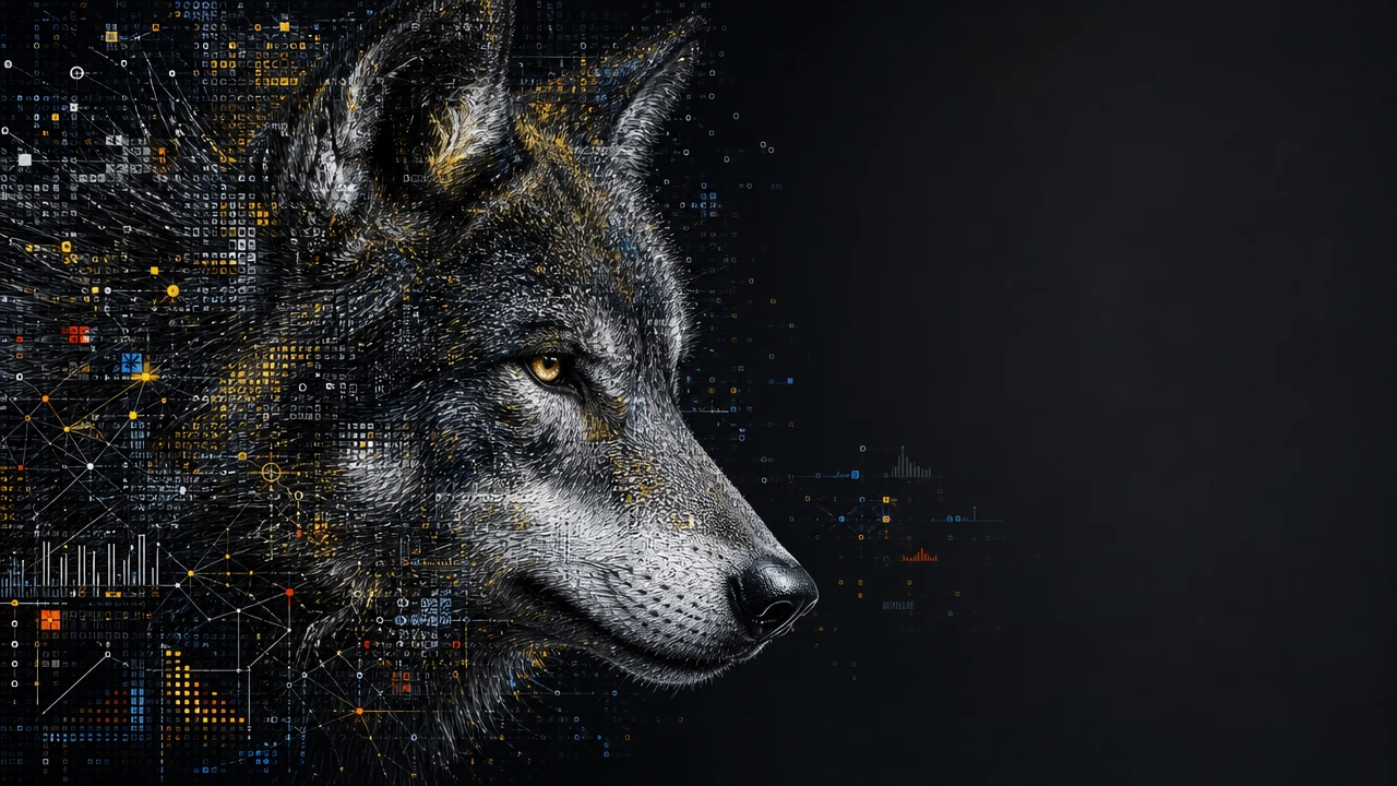 Retrato de lobo infundido com dados em fundo abstrato escuro