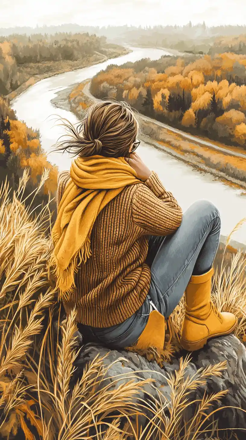 Woman on a windy cliff overlooking a quiet autumn river