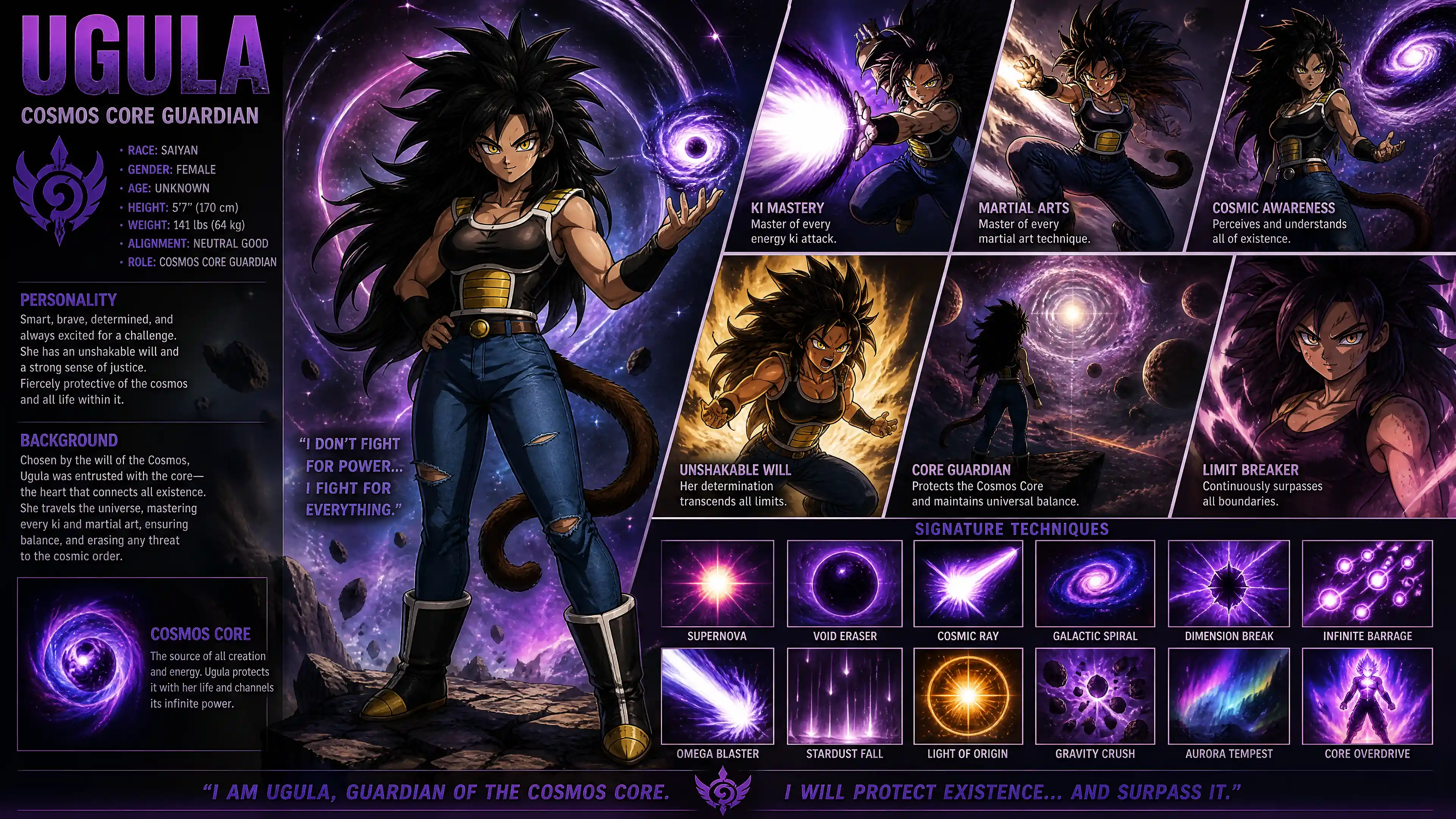 Weibliche Saiyajin-Kriegerin mit Affenschwanz im kosmischen Raum