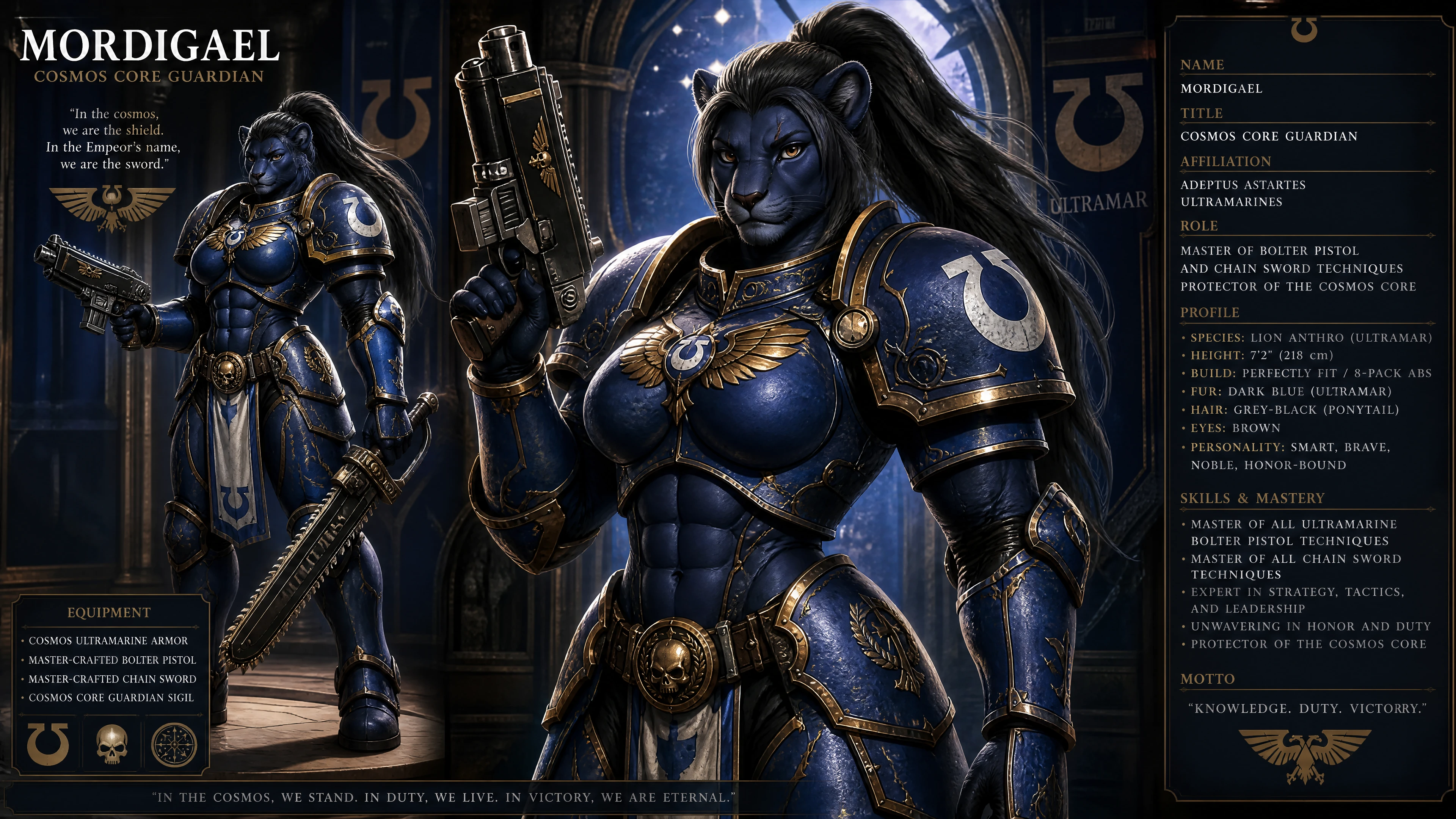 Heroic lion warrior woman in cosmic ultramarine armor