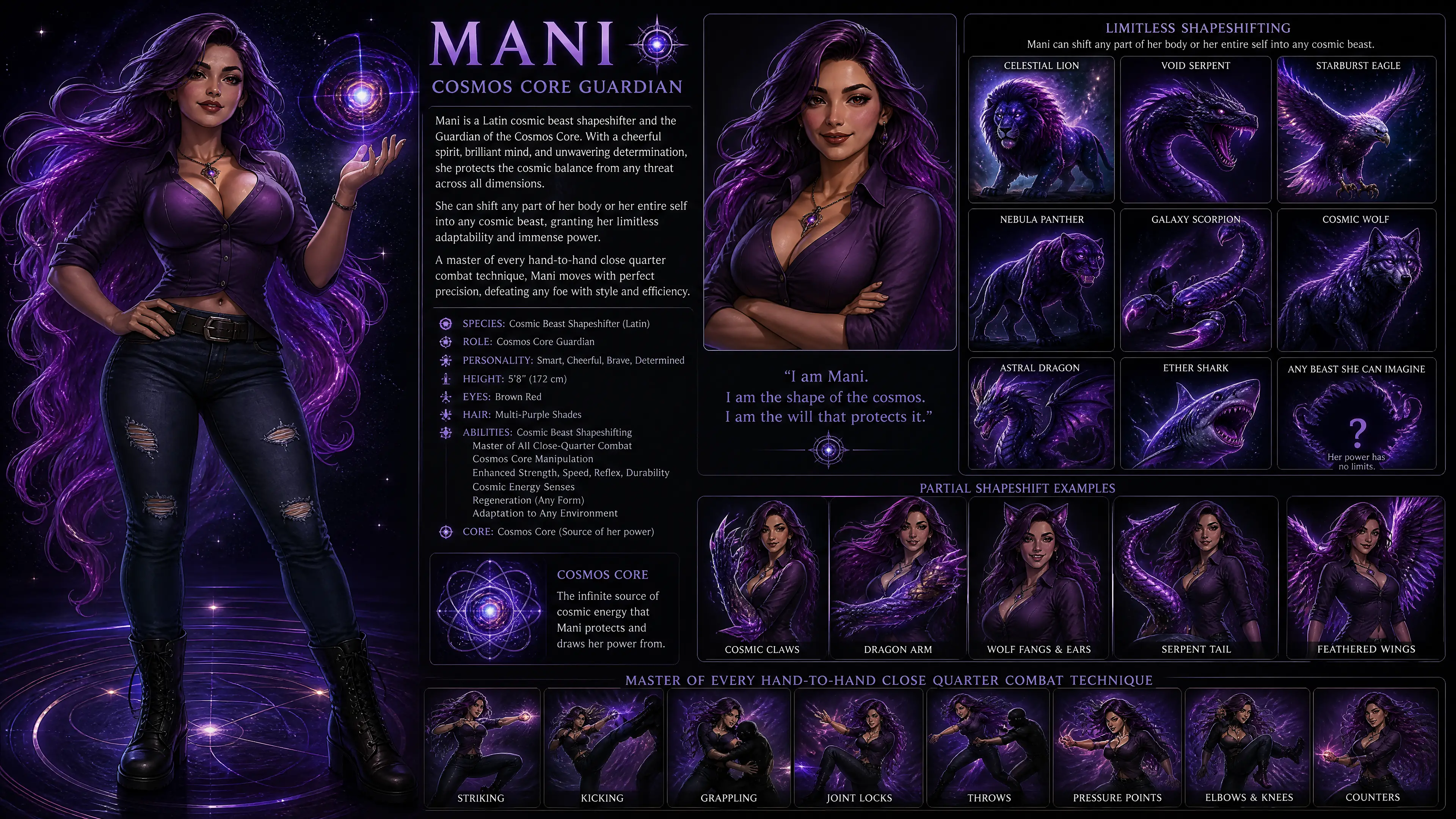 Cosmic shapeshifter woman with purple hair in casual outfit