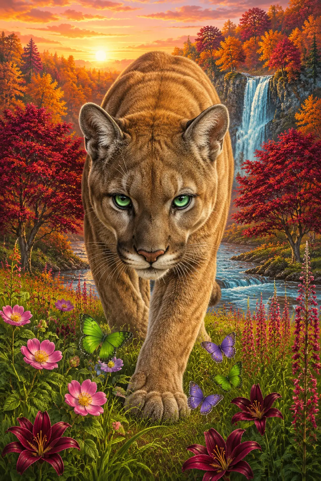 秋季森林瀑布旁的美洲獅與蝴蝶