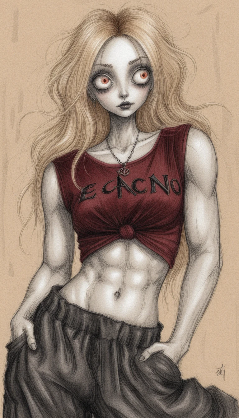 Mulher gótica olhando para cima em ilustração texturizada a carvão