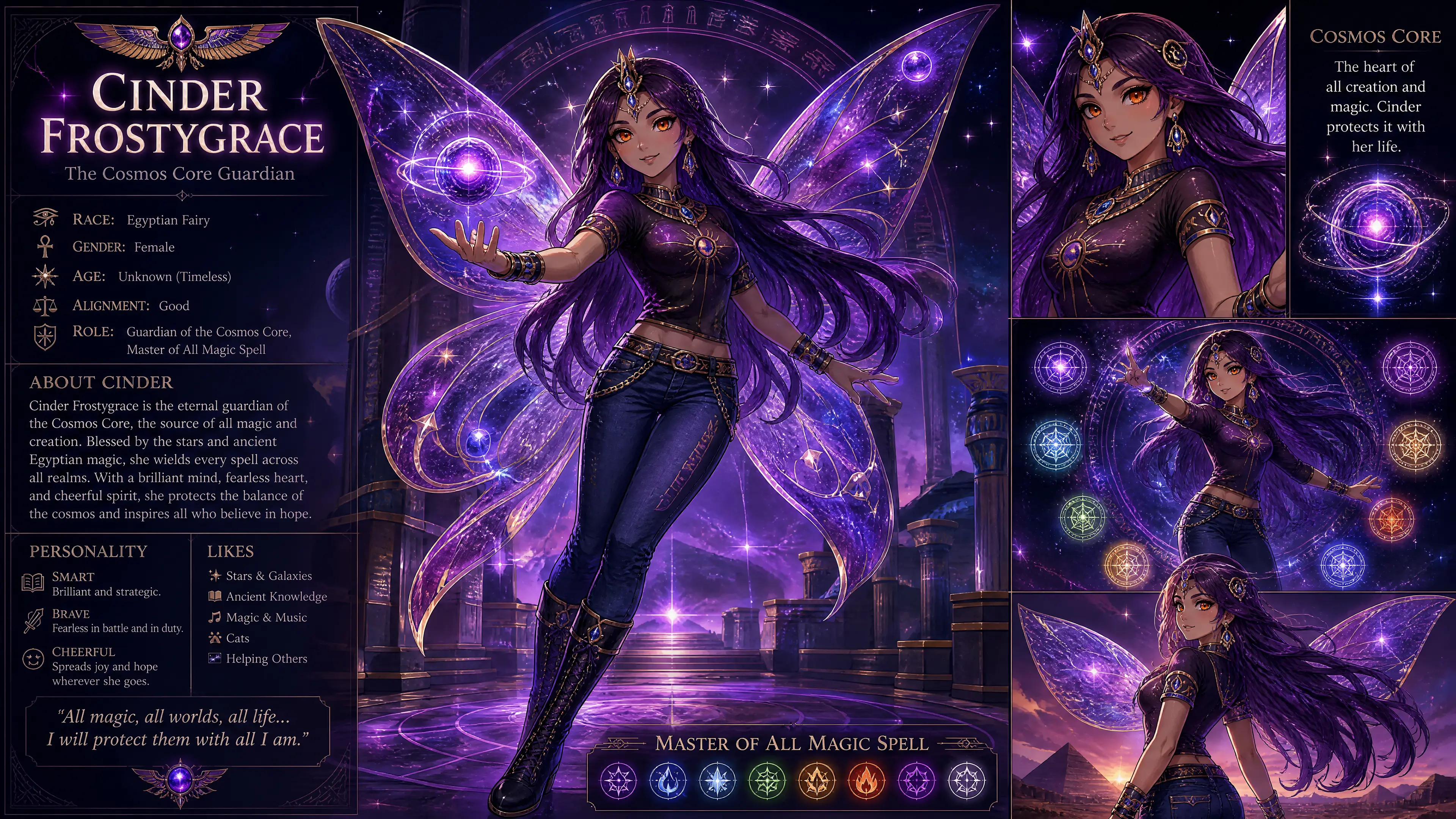 Cheerful purple haired fairy girl with glowing cosmos wings