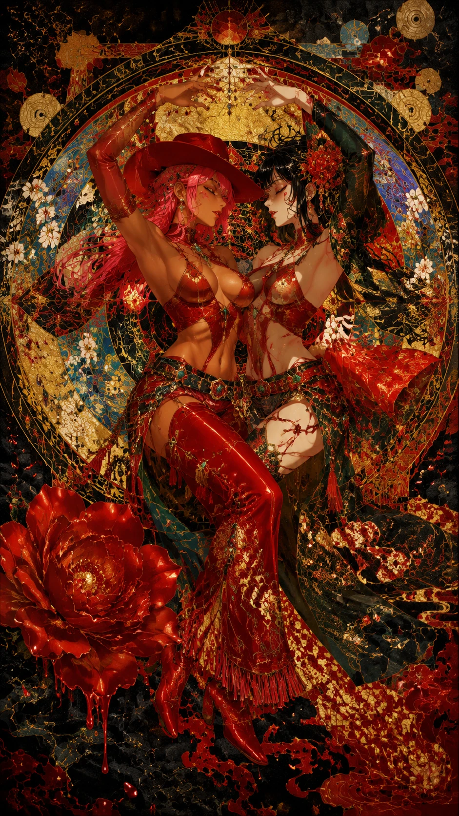 Gemelle cowgirl danzanti in un mandala dorato brillante