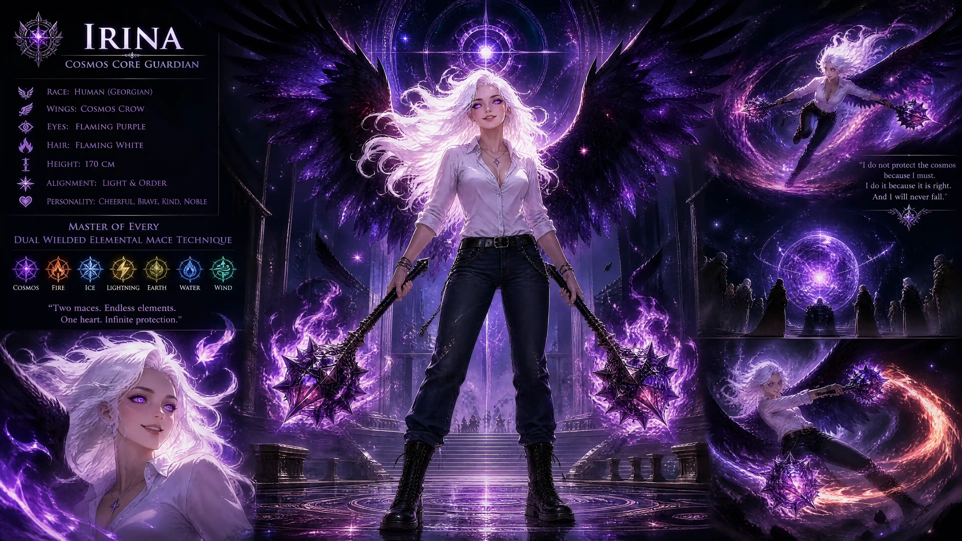 Cosmic winged woman with flaming hair and purple eyes
