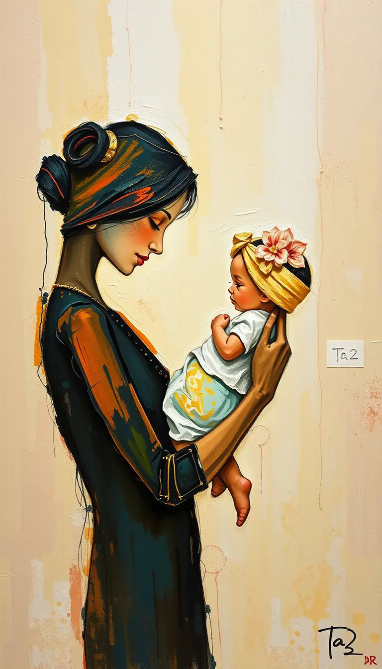 Família devocional em linhas de pintura impasto semiabstrata