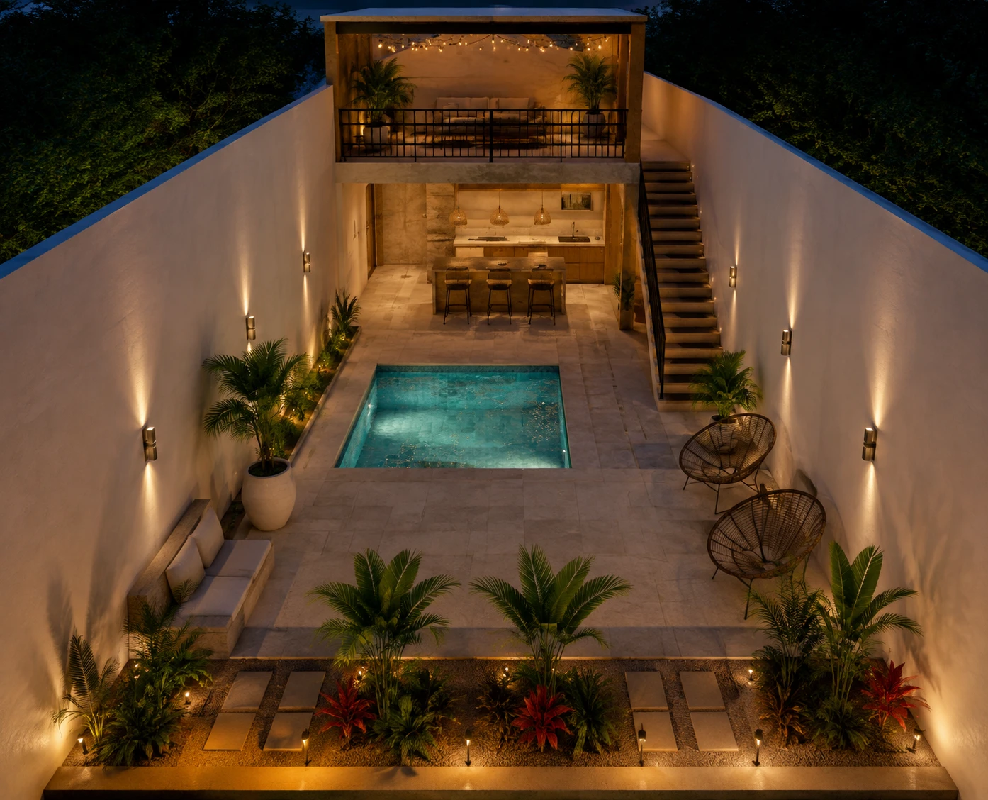Pátio interno com piscina e cozinha aberta elevada