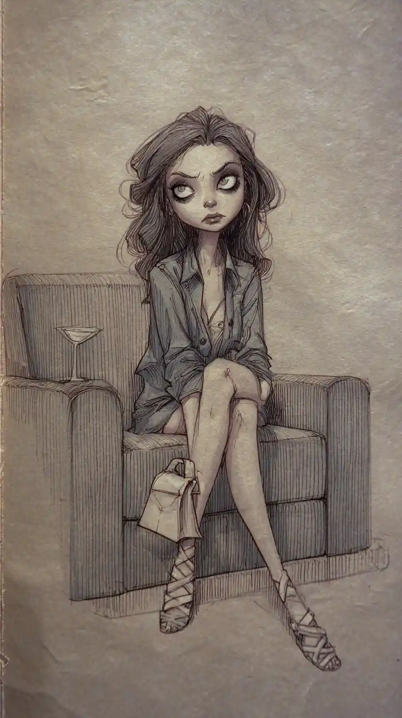 Ilustração em tinta de jovem mulher em poltrona cinza moderna