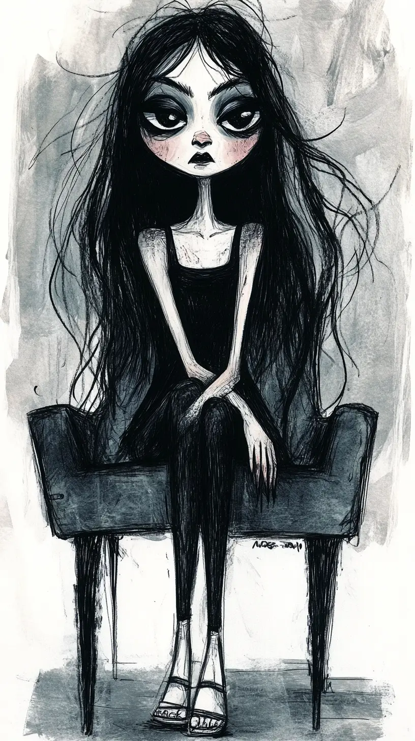 Ilustração em tinta e lápis de jovem em poltrona moderna