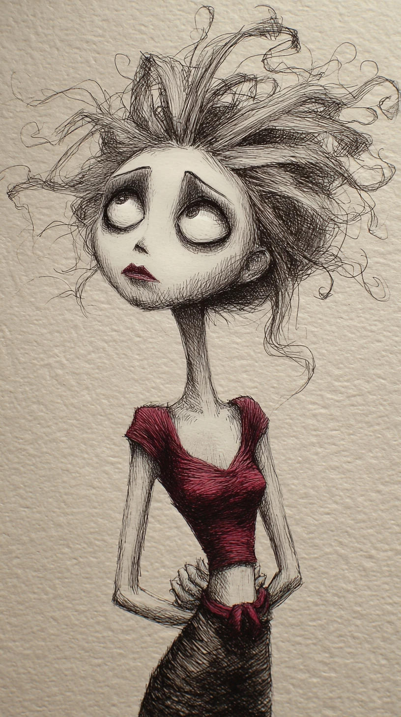Mulher gótica olhando para cima em ilustração mista com textura