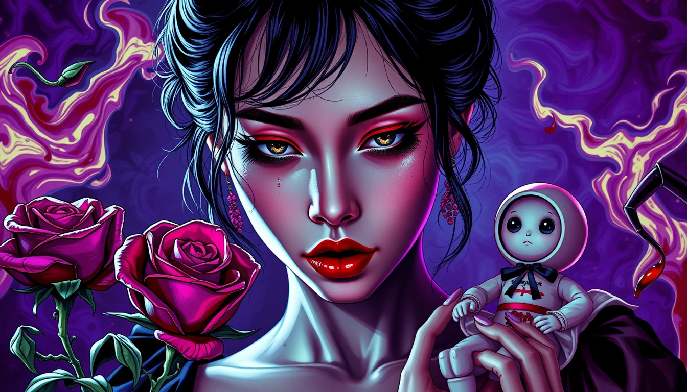 Mulher surreal em chiaroscuro com símbolos góticos surreais