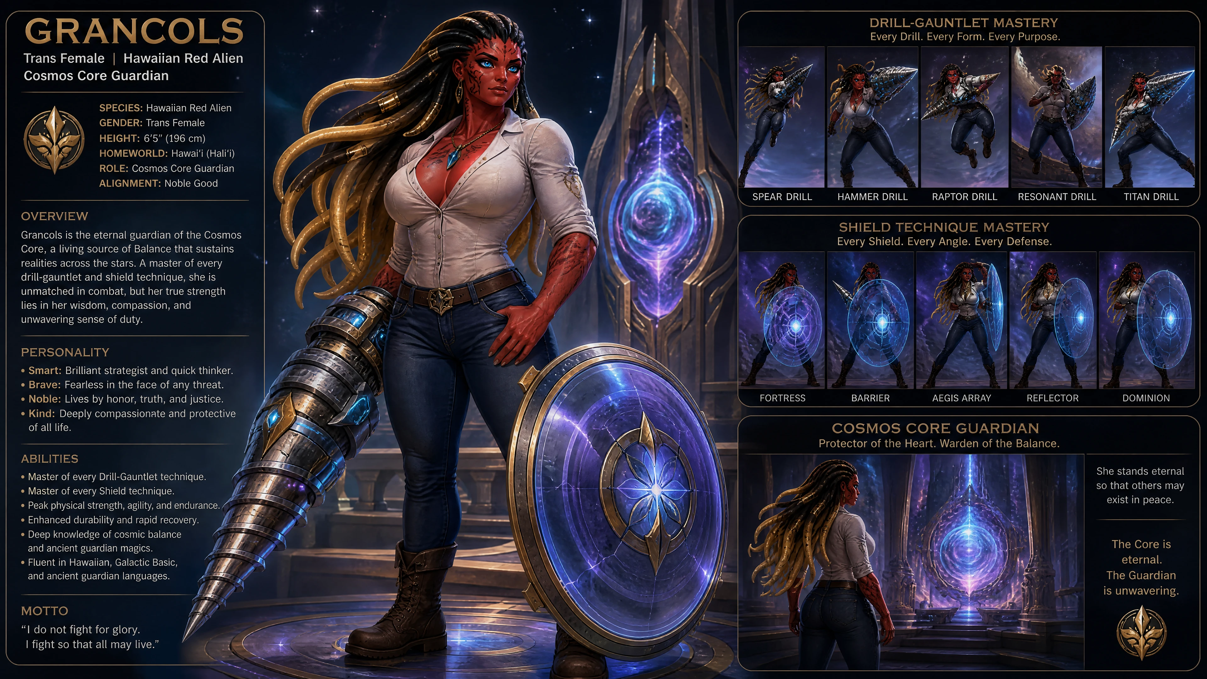 Mulher guardiã alienígena trans com cabelo de tentáculos cósmicos