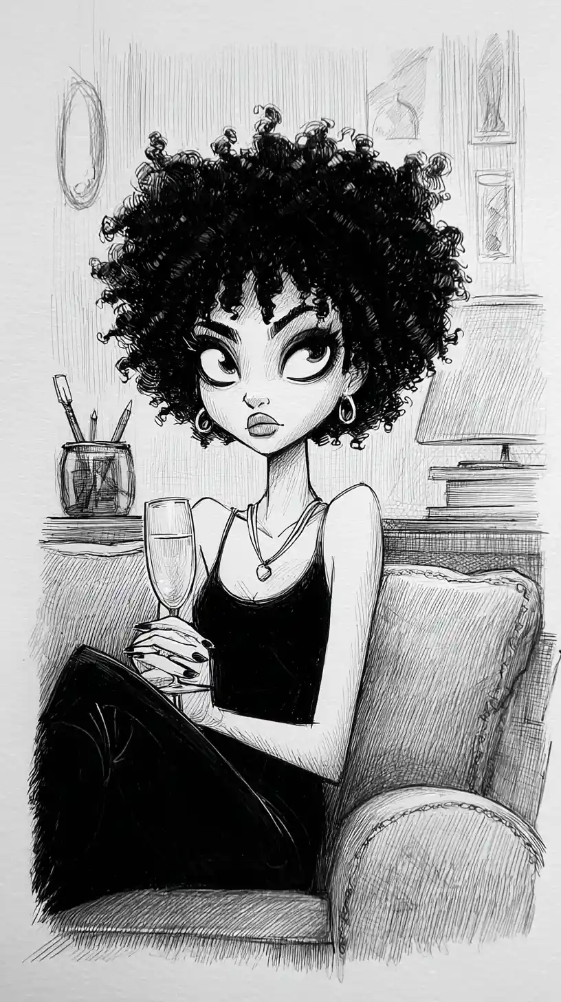 Mulher relaxada em sofá preto em ilustração melancólica a tinta