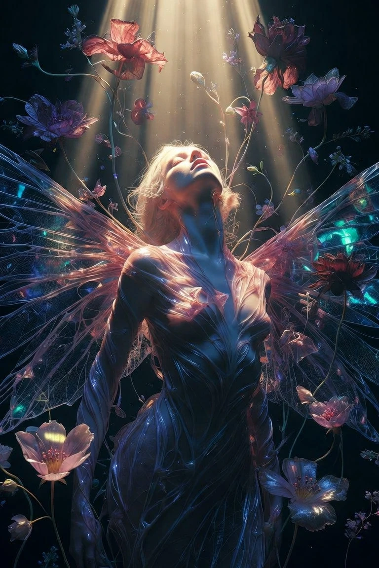 Mulher se transformando em um jardim celestial surreal e luminoso
